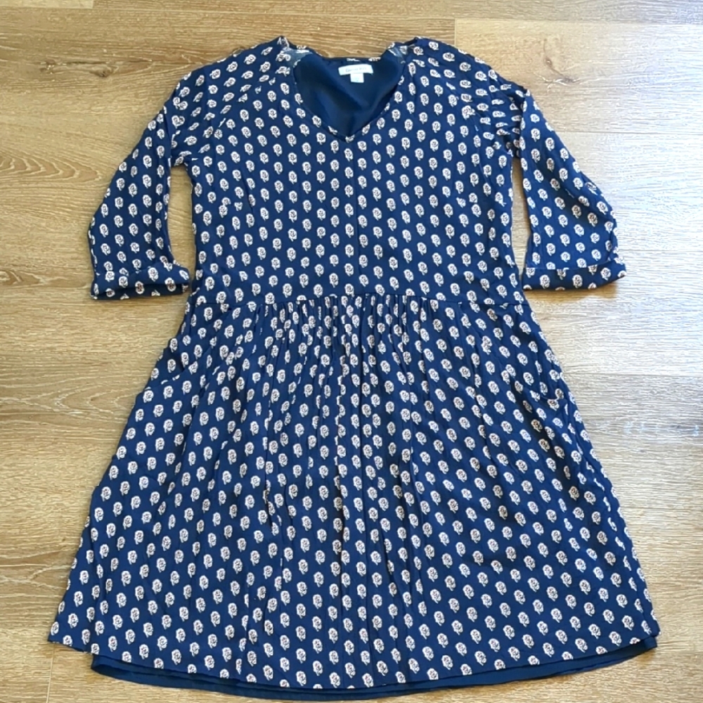 Garnet Hill Blue Block Print Raglan Sleeve Babydoll Bohemian Dress